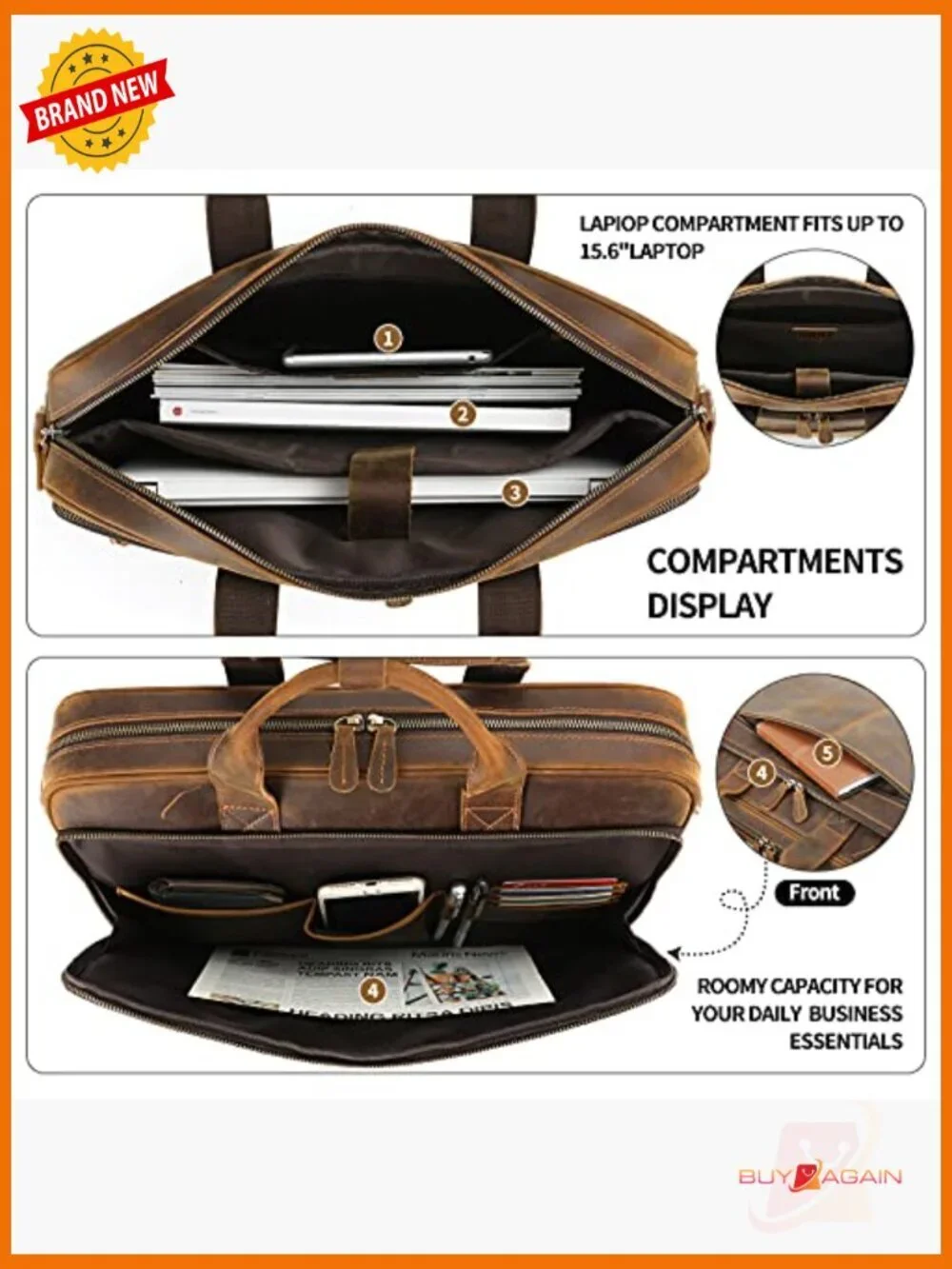 Full Grain Leather Laptop Messenger Bag Briefcase Fits 15.6 Inch
